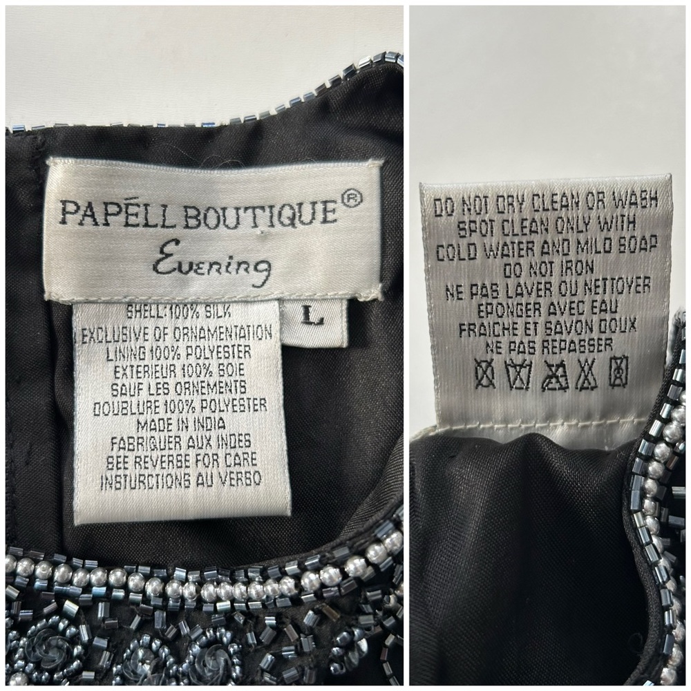 Papéll Boutique Black Silk Daisy Floral Intricate Beaded Short Sleeve Party Top - Picture 5 of 6